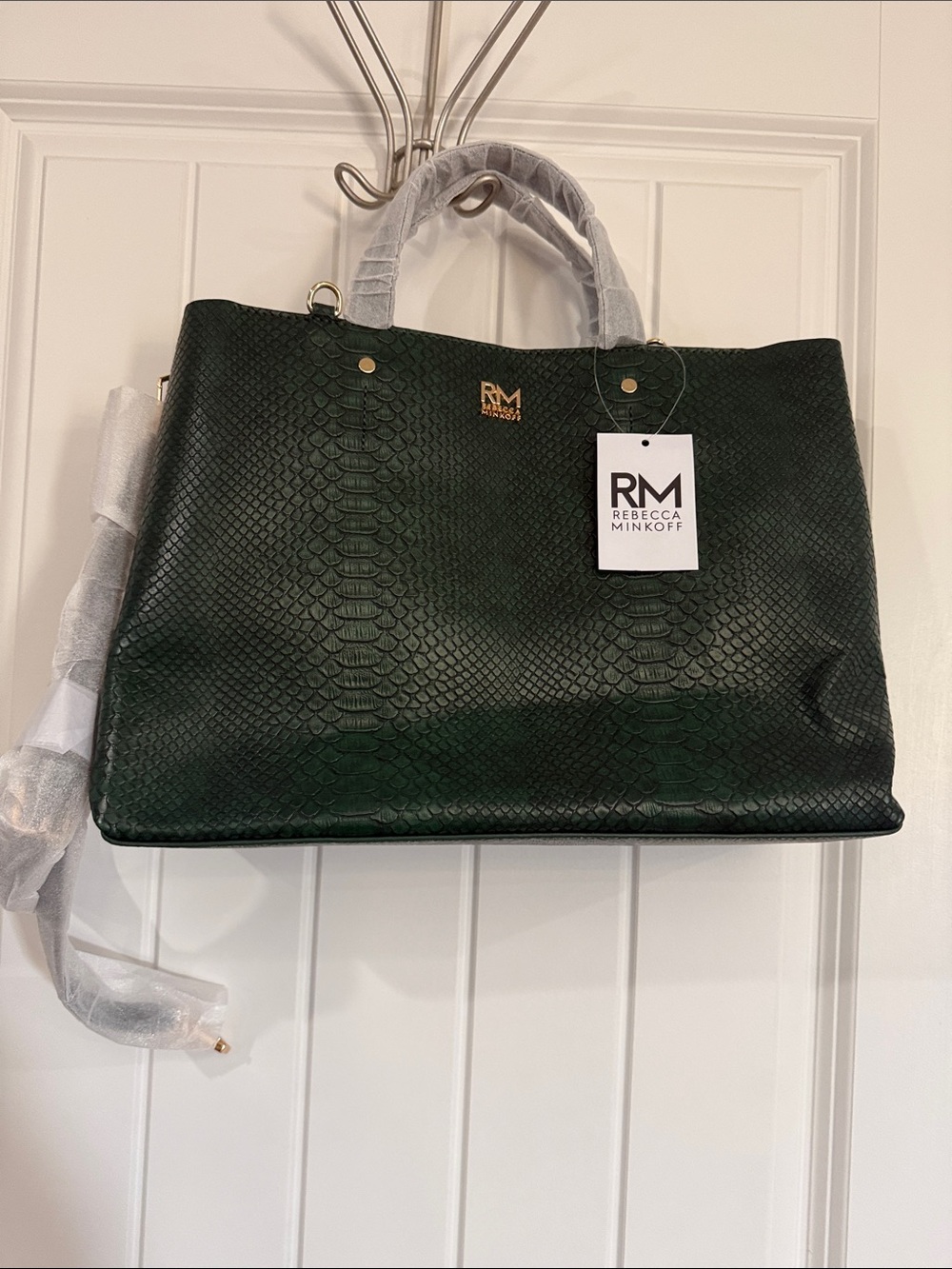 Rebecca Minkoff Dark Green Snake-Embossed Tote with Gold Hardware